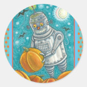 ROBOT PICKING PUMPKINS , HALLOEEN MECHANISCH MAN RONDE STICKER (Voorkant)