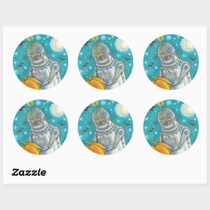 ROBOT PICKING PUMPKINS , HALLOEEN MECHANISCH MAN RONDE STICKER
