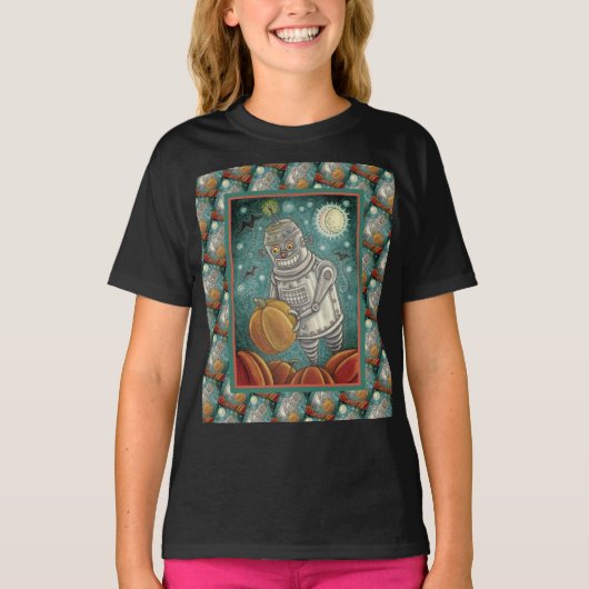 ROBOT PICKING PUMPKINS , HALLOEEN MECHANISCH MAN T-SHIRT (Voorkant)