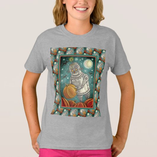 ROBOT PICKING PUMPKINS , HALLOEEN MECHANISCH MAN T-SHIRT (Voorkant)