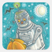 ROBOT PICKING PUMPKINS , HALLOEEN MECHANISCH MAN VIERKANTE STICKER (Voorkant)