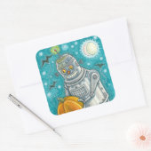 ROBOT PICKING PUMPKINS , HALLOEEN MECHANISCH MAN VIERKANTE STICKER (Envelop)