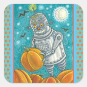 ROBOT PICKING PUMPKINS , HALLOEEN MECHANISCH MAN VIERKANTE STICKER (Voorkant)