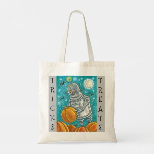 ROBOT PICKING PUMPKINS, HALLOEEN TRICK OR TREAT TOTE BAG (Achterkant)