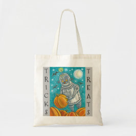 ROBOT PICKING PUMPKINS, HALLOEEN TRICK OR TREAT TOTE BAG