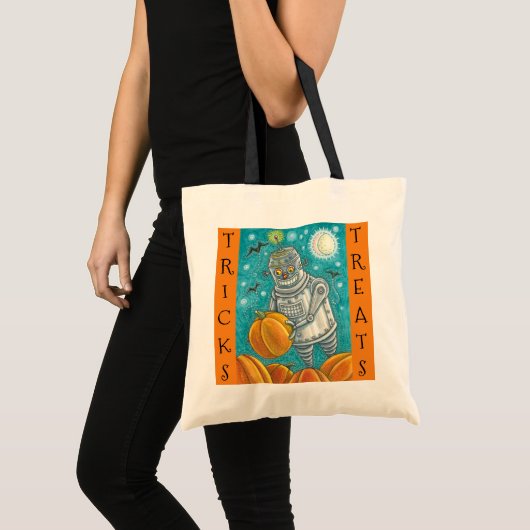 ROBOT PICKING PUMPKINS, HALLOEEN TRICK OR TREAT TOTE BAG (Voorkant (product))