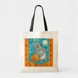 ROBOT PICKING PUMPKINS, HALLOEEN TRICK OR TREAT TOTE BAG