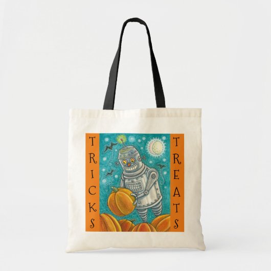 ROBOT PICKING PUMPKINS, HALLOEEN TRICK OR TREAT TOTE BAG (Voorkant)