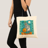 ROBOT PICKING PUMPKINS, HALLOEEN TRICK OR TREAT TOTE BAG (Voorkant (product))