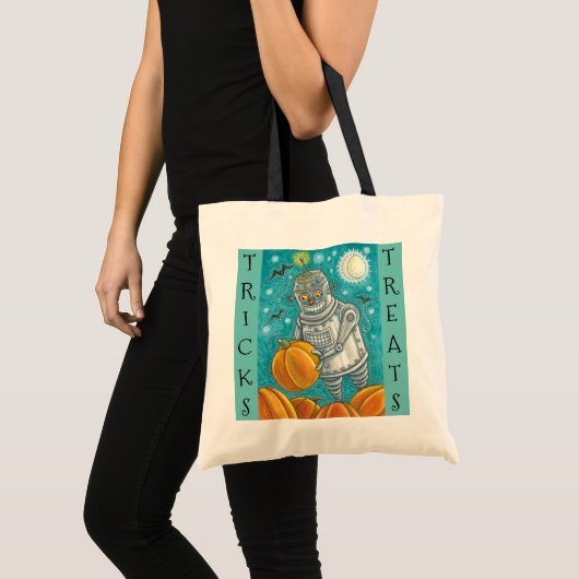 ROBOT PICKING PUMPKINS, HALLOEEN TRICK OR TREAT TOTE BAG (Voorkant (product))