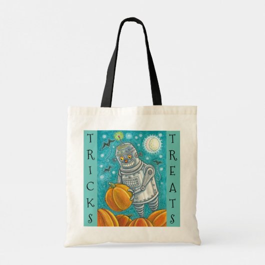 ROBOT PICKING PUMPKINS, HALLOEEN TRICK OR TREAT TOTE BAG (Achterkant)