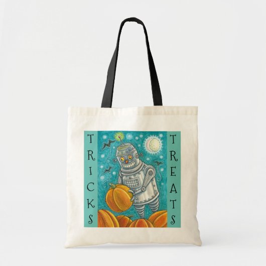 ROBOT PICKING PUMPKINS, HALLOEEN TRICK OR TREAT TOTE BAG (Voorkant)