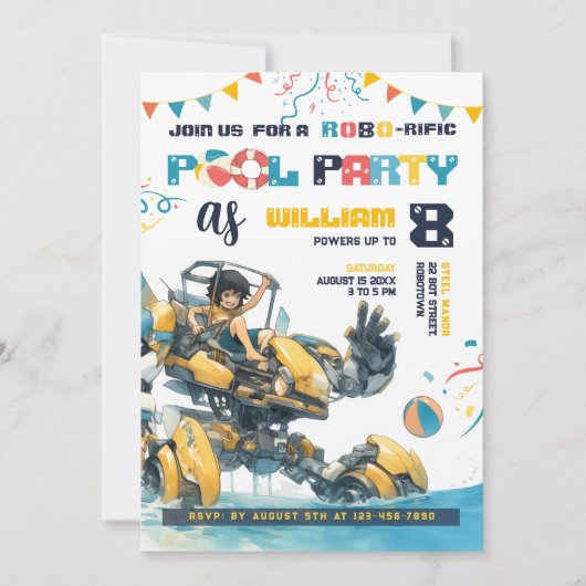 Robot Pool Party Verjaardag uitnodiging (Voorkant)