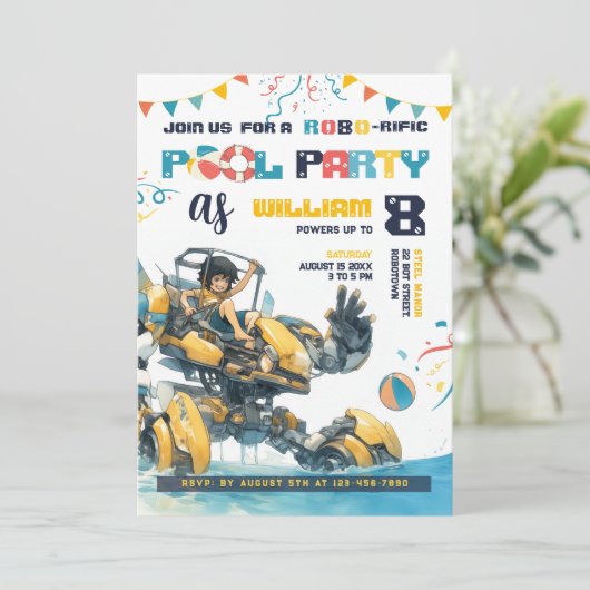 Robot Pool Party Verjaardag uitnodiging (Staand voorkant)