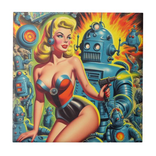  Robot Sci-Fi Pin-up Tegeltje (Voorkant)