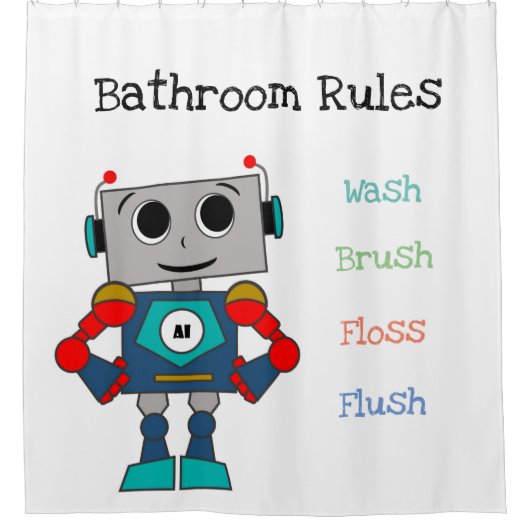 Robot Shower Curtain met badkamerregels voor kinde Douchegordijn (Voorkant)