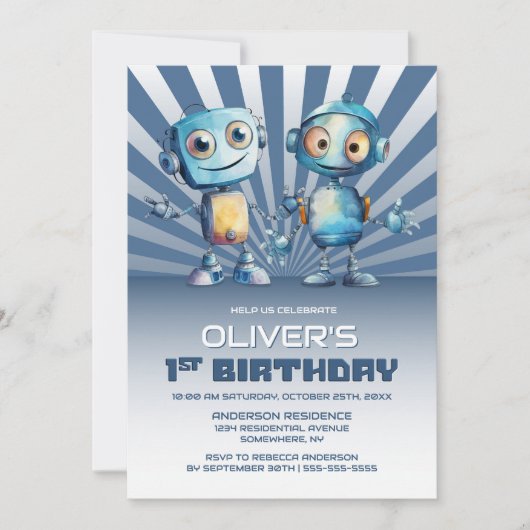 Robot Thema 1e Verjaardagsfeestuitnodiging Kaart (Voorkant)