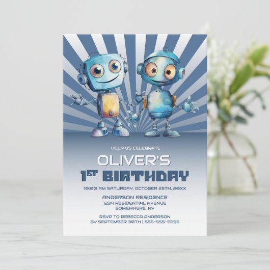 Robot Thema 1e Verjaardagsfeestuitnodiging Kaart (Staand voorkant)