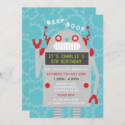 Robot-thema uitnodiging voor verjaardagsfeestje (Voorkant / Achterkant)