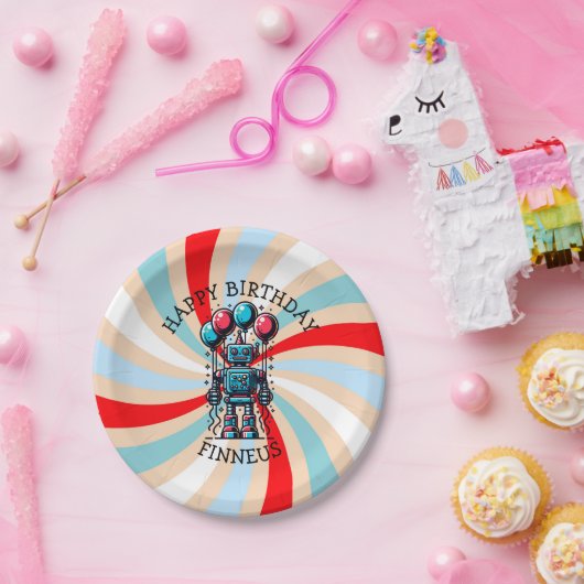 Robot Theme Boy's Happy Birthday Papieren Bordje (Feest)