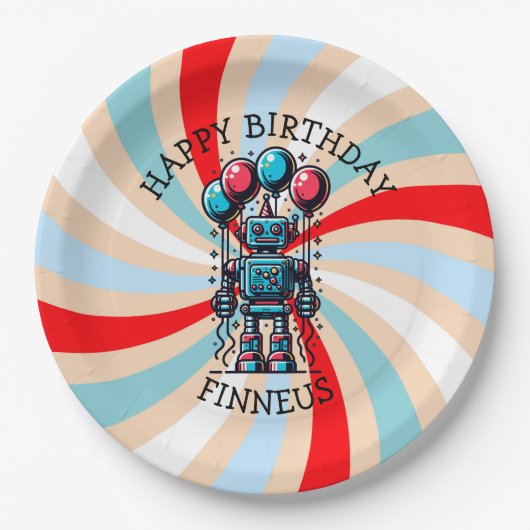 Robot Theme Boy's Happy Birthday Papieren Bordje (Voorkant)
