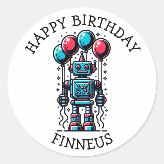 Robot Theme Boy's Happy Birthday Ronde Sticker (Voorkant)
