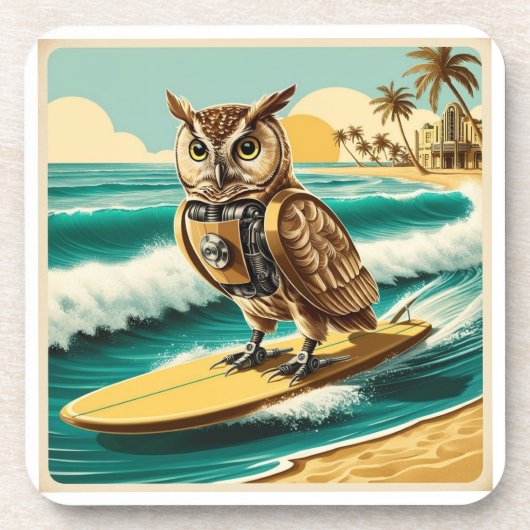  Robot Uil surfen op het strand Bier Onderzetter (Voorkant)