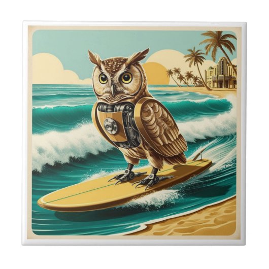  Robot Uil surfen op het strand Tegeltje (Voorkant)