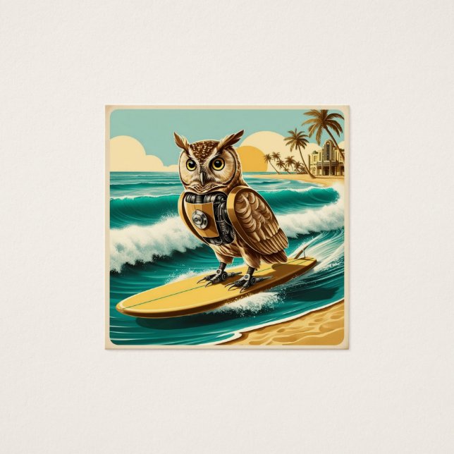  Robot Uil surfen op het strand Vierkante Visitekaartjes (Voorkant)