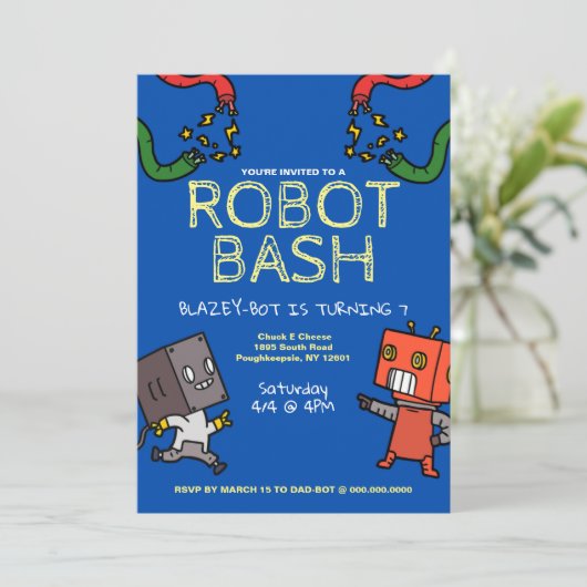 Robot Verjaardag Bash Uitnodiging (Staand voorkant)