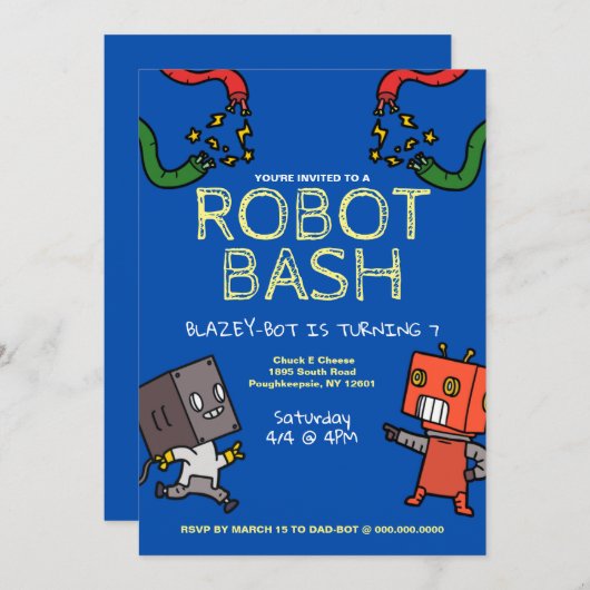 Robot Verjaardag Bash Uitnodiging (Voorkant / Achterkant)