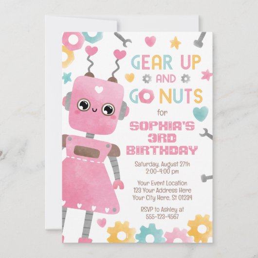 Robot Verjaardag uitnodiging, Meisje Robot Kaart (Voorkant)