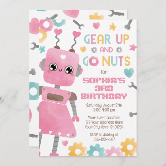 Robot Verjaardag uitnodiging, Meisje Robot Kaart (Voorkant / Achterkant)