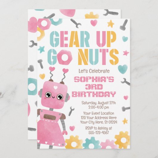 Robot Verjaardag uitnodiging, Meisje Robot Kaart (Voorkant / Achterkant)