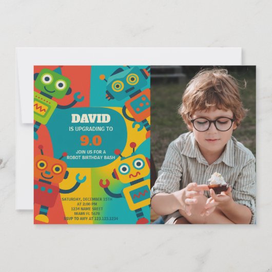 Robot Verjaardag Uitnodiging met foto (Voorkant)