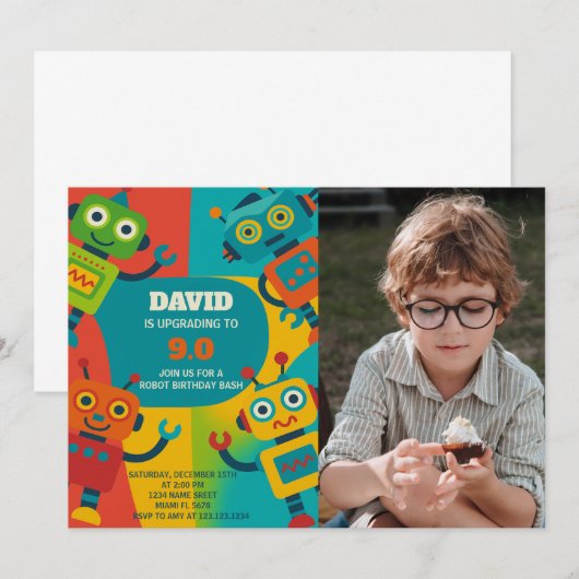 Robot Verjaardag Uitnodiging met foto (Voorkant / Achterkant)