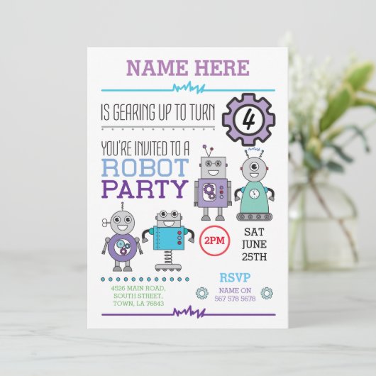 ROBOT Verjaardagsfeest Blue Gears Cogs Robots Uitn Kaart (Staand voorkant)