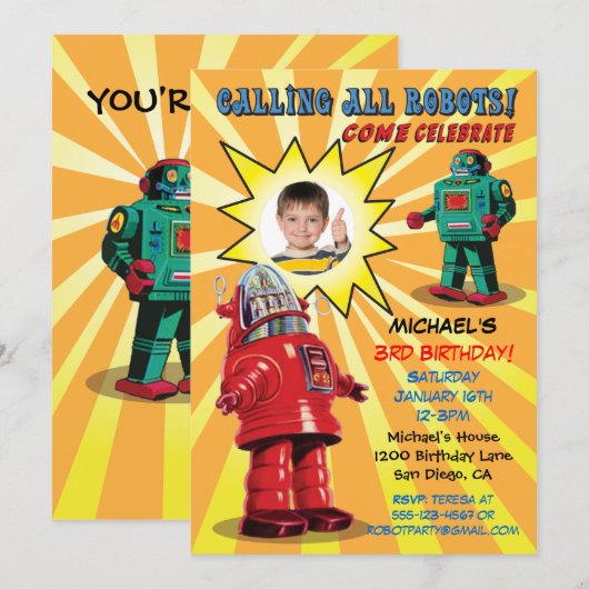 Robot verjaardagsfeest foto invoegen uitnodiging (Voorkant / Achterkant)