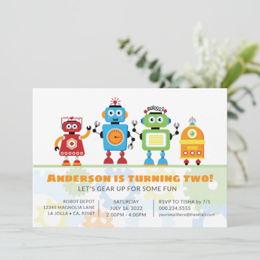 Robot Verjaardagsfeest Uitnodiging (Staand voorkant)