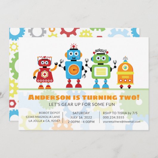 Robot Verjaardagsfeest Uitnodiging (Voorkant / Achterkant)