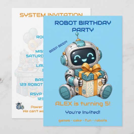 Robot verjaardagsfeest uitnodiging jongen Tech Bee (Voorkant / Achterkant)