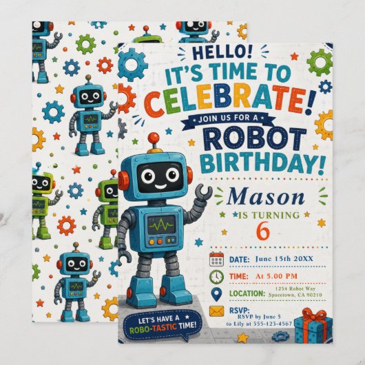 Robot Verjaardagsfeestje Kaart (Voorkant / Achterkant)