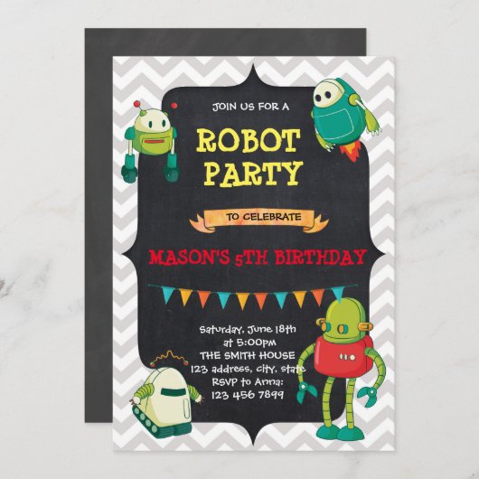 Robot verjaardagsfeestje uitnodiging (Voorkant / Achterkant)