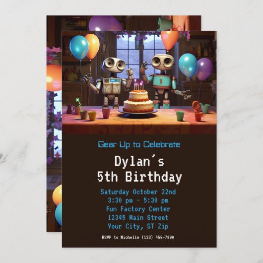 Robot Verjaardagsfeestuitnodigingen Digitaal downl Kaart (Voorkant / Achterkant)