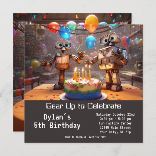 Robot Verjaardagsfeestuitnodigingen Digitaal downl Kaart (Voorkant / Achterkant)