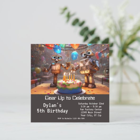 Robot Verjaardagsfeestuitnodigingen Digitaal downl Kaart (Staand voorkant)