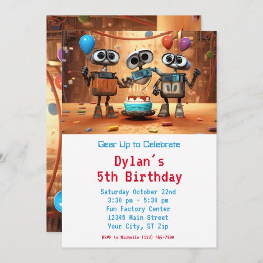 Robot Verjaardagsfeestuitnodigingen Digitaal downl Kaart (Voorkant / Achterkant)