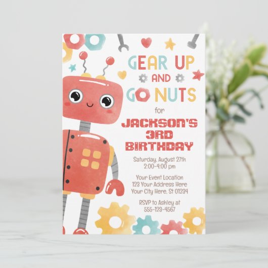 Robot verjaardagsuitnodiging, jongen robot kaart (Staand voorkant)