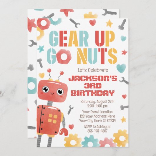Robot verjaardagsuitnodiging, jongen robot kaart (Voorkant / Achterkant)