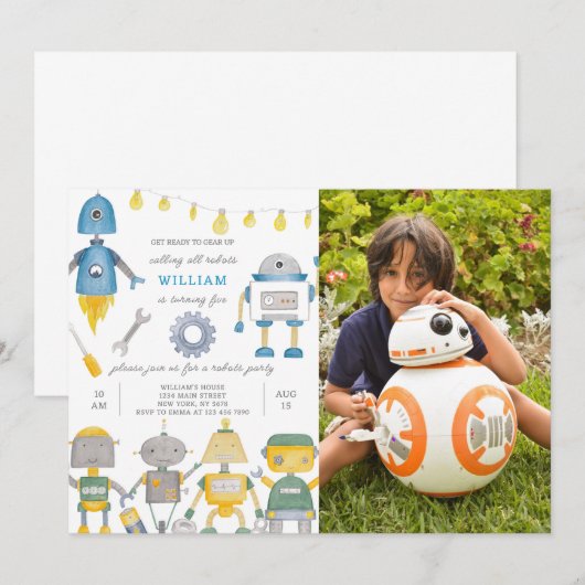 Robot verjaardagsuitnodiging met foto kaart (Voorkant / Achterkant)